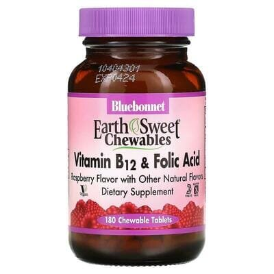 Вітамін В12 та Фолієва кислота Bluebonnet Nutrition Earth Sweet Chewables, смак малини, жувальні таблетки №180