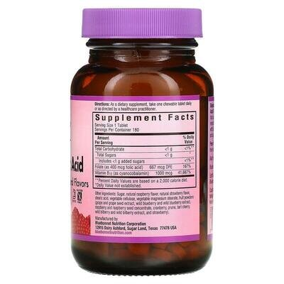 Вітамін В12 та Фолієва кислота Bluebonnet Nutrition Earth Sweet Chewables, смак малини, жувальні таблетки №180