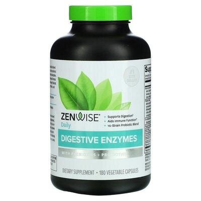 Травні ферменти Zenwise Daily Digestive Enzymes з пребіотиками та пробіотиками, 180 вегетаріанських капсул