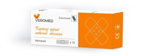 Пластир бактерицидний Veromed Першої медичної допомоги на нетканій основі 1,9 см х 7,2 см, 10 штук