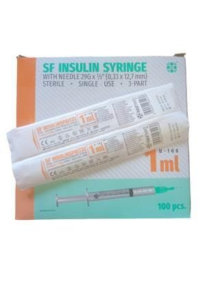 Шприц інсуліновий 1,0 мл U-100 SF Medical Products з голкою знімною 29G (0.33 x 12.7 мм), 100 штук