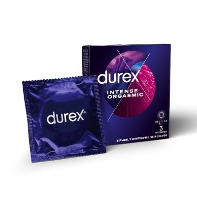Презервативи латексні Durex Intense Orgasmic рельєфні, зі стимулюючим гелем-змазкою, 3 штуки
