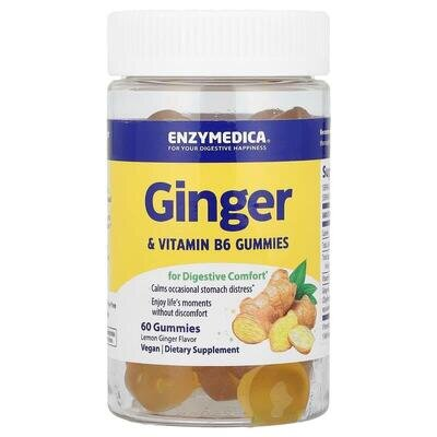 Імбир та вітамін B6 Enzymedica Ginger & Vitamin B6, смак лимона та імбиру, 60 жувальних таблеток