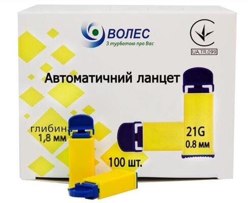 Ланцети Волес глибина проколу 1,8 мм, стерильні G21 (0,8 мм), 100 штук