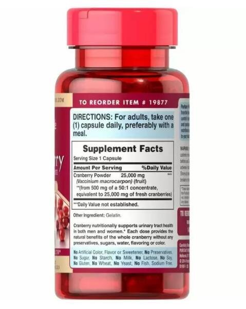 Журавлина Puritan's Pride Cranberry Fruit Concentrate 25000 мг, 1 на день, 60 капсул