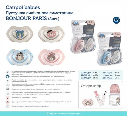 Пустушка силіконова Canpol Babies Bonjour Paris симетрична 22/647_blu, 0-6 місяців, 2 шт