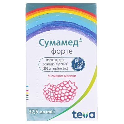 Сумамед форте порошок д/ор. сусп. зі смак. малин. 200 мг/5 мл (1500 мг) по 37.5 мл у флак.