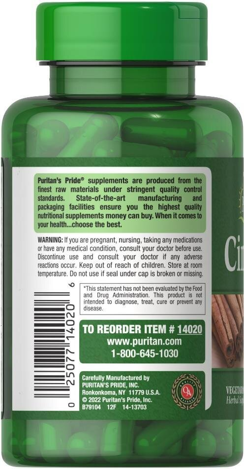 Кориця Puritan's Pride Cinnamon 500 мг, 100 капсул