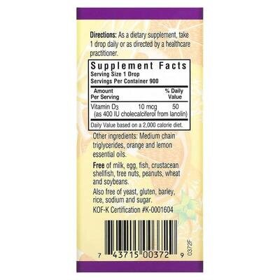 Вітамін D3 400IU Bluebonnet Nutrition смак апельсину, 30 мл