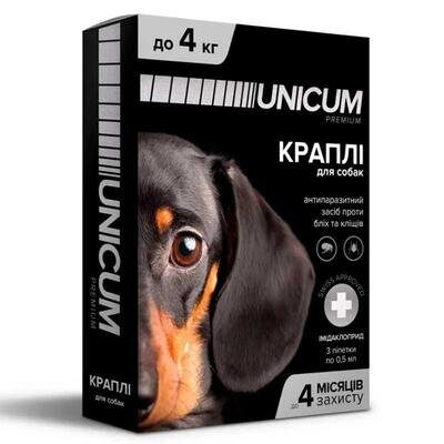 Краплі на холку Unicum Premium від бліх і кліщів для собак вагою до 4 кг, 1 штука