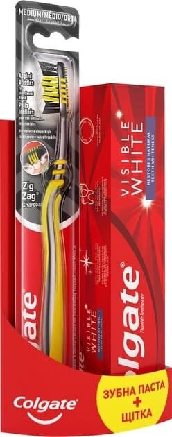 Набір Colgate Зубна паста Visible White Відбілювальна 75 мл + Щітка Zig Zag Деревне вугілля