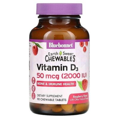 Вітамін D3 2000IU Bluebonnet Nutrition Earth Sweet Chewables, смак малини жувальні таблетки №90