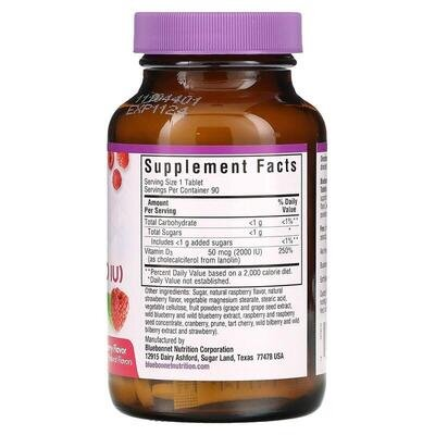 Вітамін D3 2000IU Bluebonnet Nutrition Earth Sweet Chewables, смак малини жувальні таблетки №90