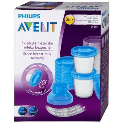 Контейнери Philips Avent SCF618/10 для зберігання грудного молока + 2 адаптери для молоковідсмоктувача, 180 мл, 10 шт