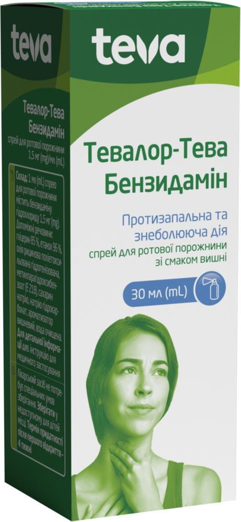 Тевалор-Тева бензидамін спрей д/рот. порож. 1.5 мг/мл по 30 мл у флак. з механ. розпил.