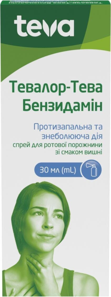Тевалор-Тева бензидамін спрей д/рот. порож. 1.5 мг/мл по 30 мл у флак. з механ. розпил.