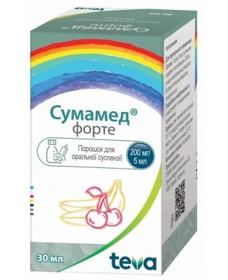 Сумамед форте порошок д/ор. сусп. 200 мг/5 мл по 30 мл (1200 мг) у флак.
