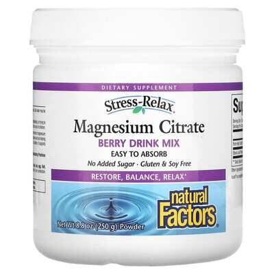 Магній цитрат Natural Factors Stress Relax Magnesium Citrate суміш для приготування напою, ягідний смак, 250 г