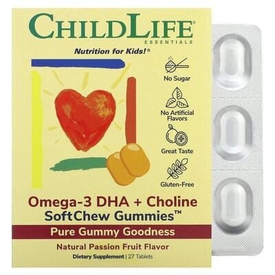 Омега-3 DHA + Холін ChildLife Omega-3 DHA + Choline SoftMelts, 27 жувальних цукерок з фруктовим смаком