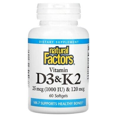 Вітамін D3 та К2 Natural Factors Vitamin D3 & K2 25 мкг (1000 МО)/120 мкг, 60 капсул