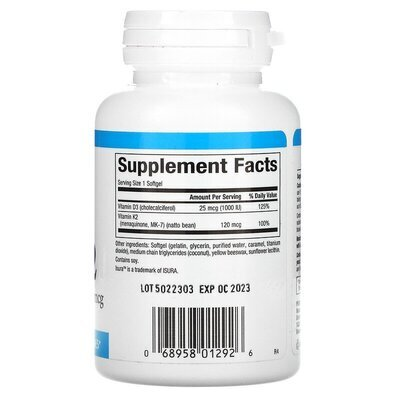 Вітамін D3 та К2 Natural Factors Vitamin D3 & K2 25 мкг (1000 МО)/120 мкг, 60 капсул