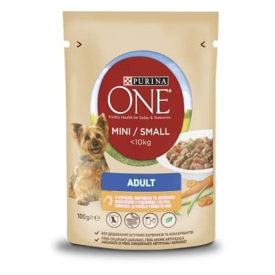 Корм вологий для собак Purina One Mini Adult з куркою, морквою і зеленою квасолею в підливі, 100 г
