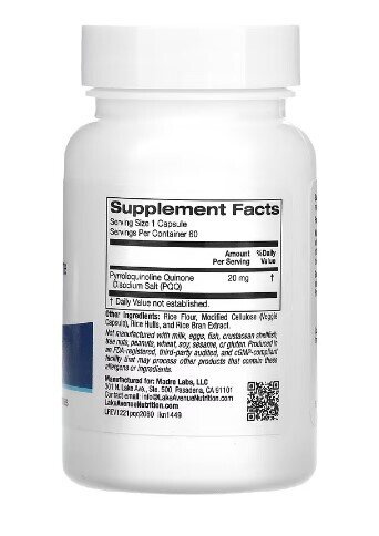 Пірролохінолінхінон Lake Avenue Nutrition PQQ 20 мг, 60 веганських капсул