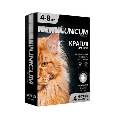 Краплі на холку Unicum Premium від бліх і кліщів для кішок вагою 4-8 кг, 3 штуки
