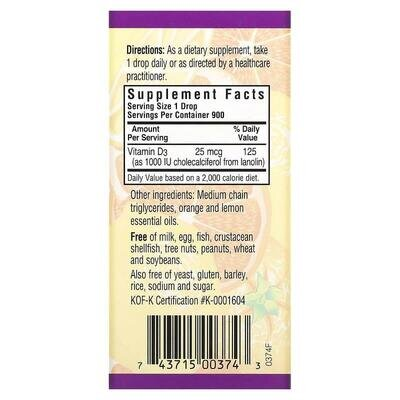 Вітамін D3 1000IU Bluebonnet Nutrition смак апельсину, 30 мл