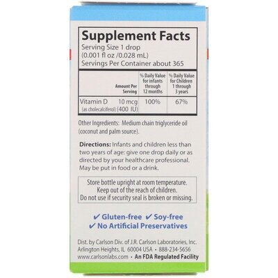 Вітамін D3 для дітей Carlson Labs Baby's Super Daily Vitamin D3 400 МО, 10.3 мл