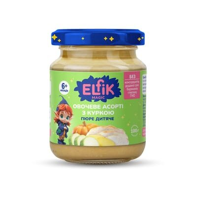 Пюре м'ясо-овочеве Elfik Magic Овочеве асорті з куркою, 100 г