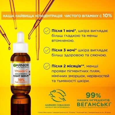 Сироватка для обличчя Garnier Skin Naturals нічна з вітаміном С для зменшення видимості пігментних плям, зморшок та вирівнювання тону шкіри, 30 мл