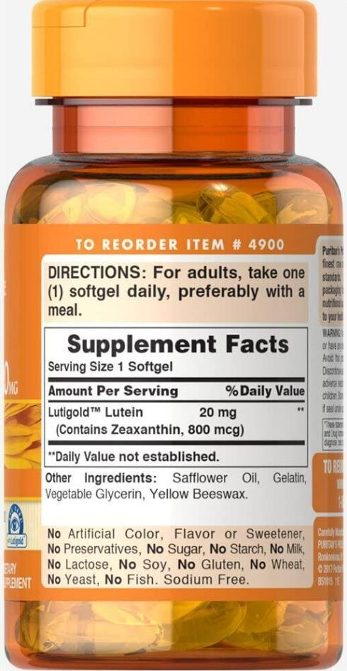 Лютеїн Puritan's Pride Lutein 20 мг, 60 капсул
