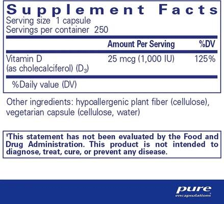 Вітамін D3 Pure Encapsulations Vitamin D3 1000 МО, 250 капсул