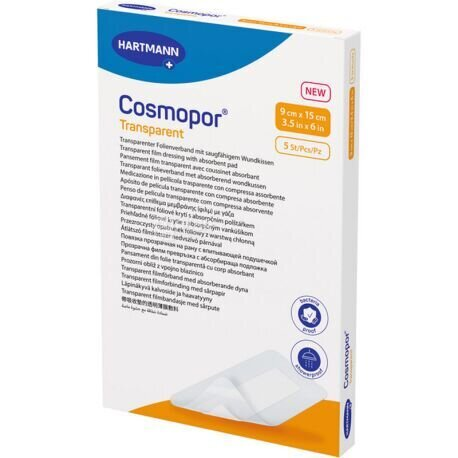 Пов’язка пластирна Cosmopor Transparent плівкова прозора з абсорбуючою подушечкою 9 см х 15 см, 5 штук