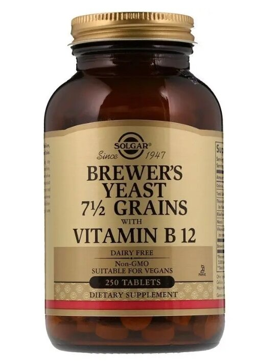 Пивні дріжджі з вітаміном В12 Solgar Brewer’s Yeast 7 1/2 Grains with Vitamin B12 таблетки №250