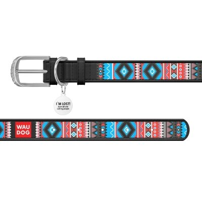 Нашийник для собак Collar WAUDOG Design з QR паспортом, малюнок Етно, шкіряний, ширина 25 мм довжина 38-49 см, чорний