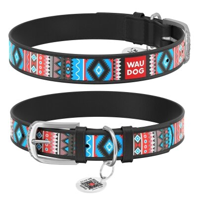 Нашийник для собак Collar WAUDOG Design з QR паспортом, малюнок Етно, шкіряний, ширина 25 мм довжина 38-49 см, чорний