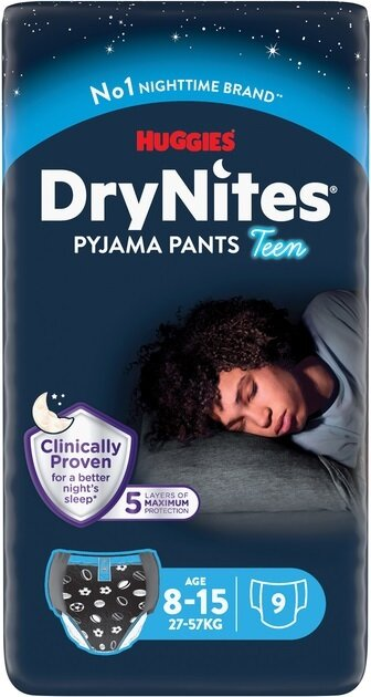 Підгузки-трусики Huggies Dry Nites для хлопчиків 8-15 років, 27-57 кг, нічні, 9 шт