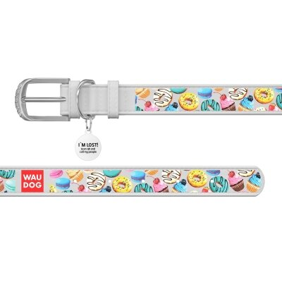 Нашийник для собак Collar WAUDOG Design з QR паспортом, малюнок Пончики, шкіряний, ширина 12 мм довжина 19-25 см, білий