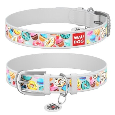 Нашийник для собак Collar WAUDOG Design з QR паспортом, малюнок Пончики, шкіряний, ширина 12 мм довжина 19-25 см, білий
