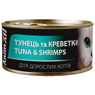 Корм вологий для дорослих котів AnimAll тунець з креветками, 85 г