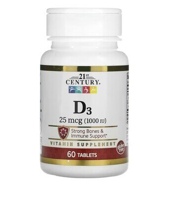 Вітамін Д3 21st Century Vitamin D3 25 мкг (1000 МО), 60 таблеток