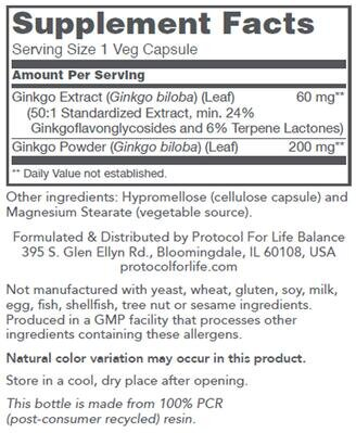 Гінкго Білоба Protocol for Life Balance Ginkgo Biloba 60 мг, 60 веганських капсул