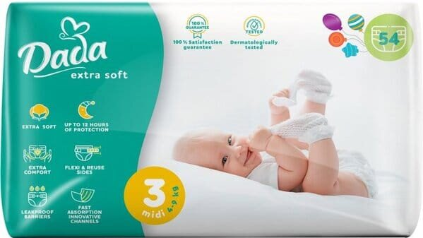 Підгузки Dada Extra Soft Midi дитячі, розмір 3, 4-9 кг, 54 шт