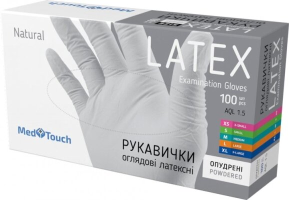Рукавички оглядові MedTouch латексні з пудрою нестерильні, розмір S, білі, 100 штук