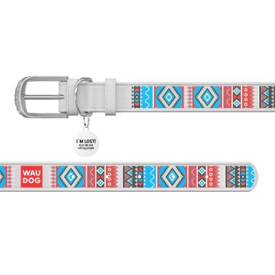 Нашийник для собак Collar WAUDOG Design з QR паспортом, малюнок Етно, шкіряний, ширина 35 мм довжина 46-60 см, білий
