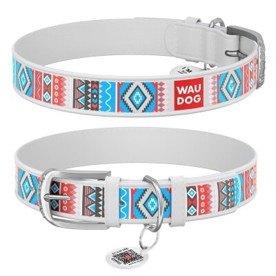 Нашийник для собак Collar WAUDOG Design з QR паспортом, малюнок Етно, шкіряний, ширина 35 мм довжина 46-60 см, білий