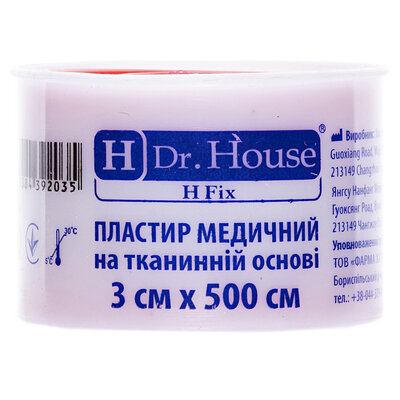 Пластир медичний Dr. House H Fix на тканинній основі 3 см х 500 см в пластиковому футлярі, 1 штука