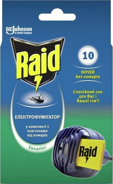Електрофумігатор від комарів Raid в комплекті з 10 пластинами евкаліпт